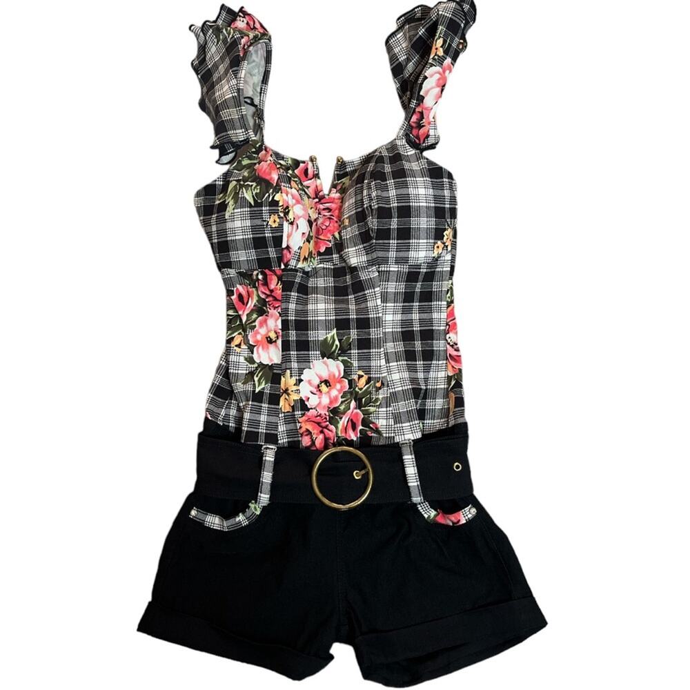 Floral Plaid Sleeveless Romper with Belt - Black & Pink